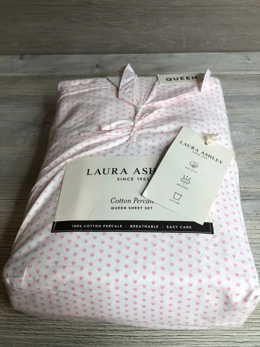 Laura Ashley QUEEN Sheet set HEART TO HEART Pink & White cotton percale sheets